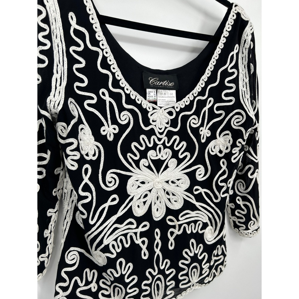 Cartise International Black White Soutache Embroidered Mesh Top V-Neck Size 12 - Picture 5 of 15
